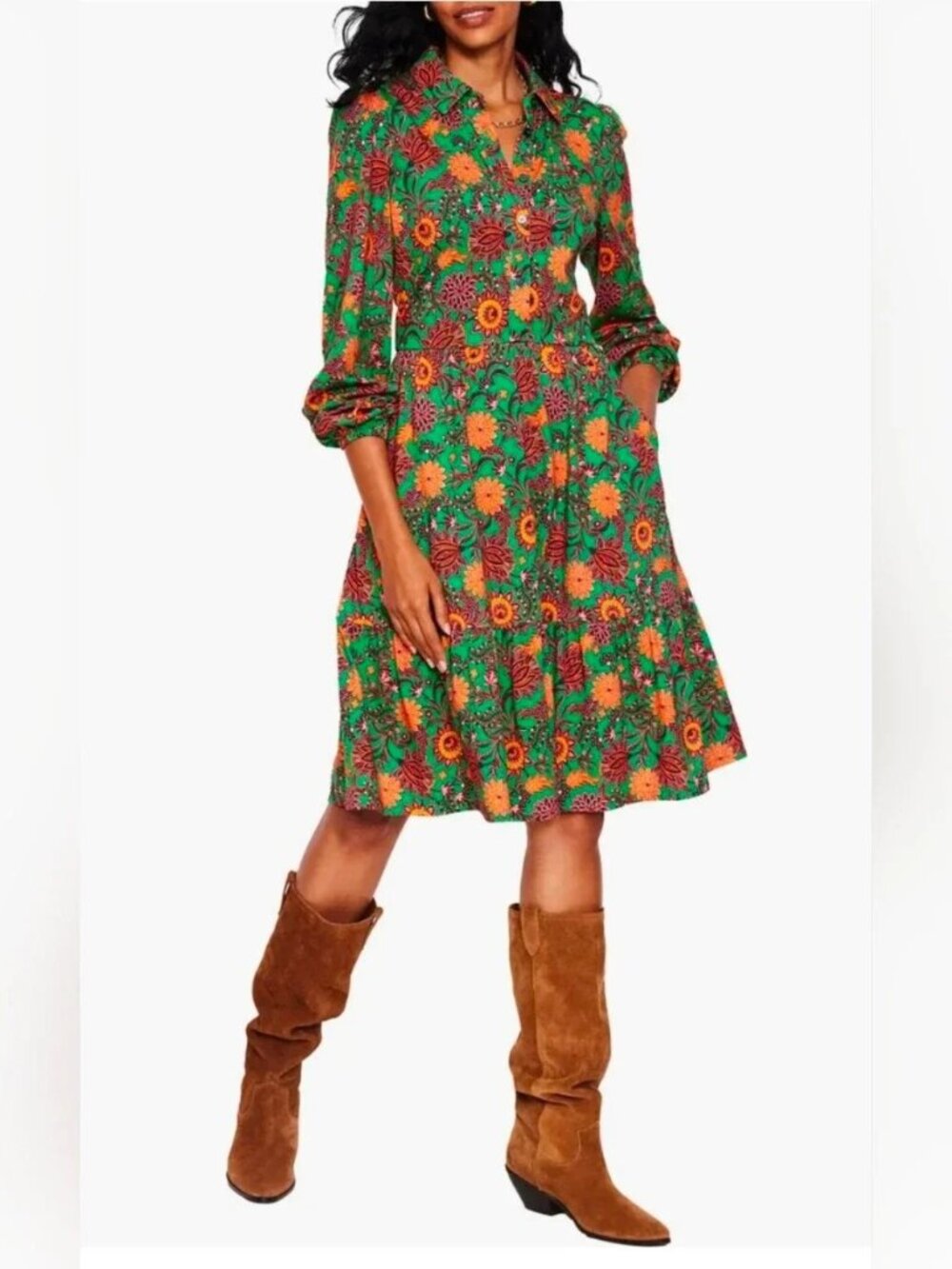 Boden Green Orange Floral Long Sleeve Midi Dress